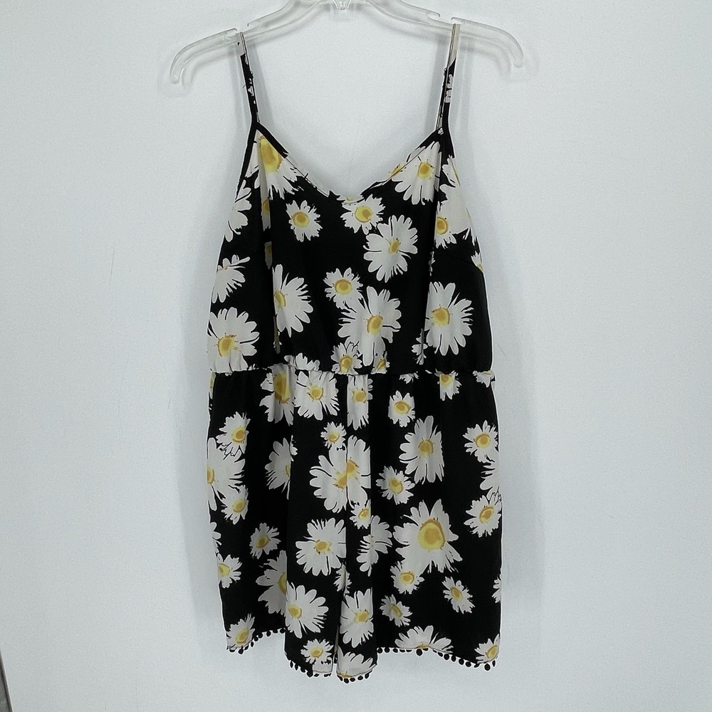 Shein Curve Women's Black Floral Daisy Pom Pom Trim Beach Summer Romper Size 3XL